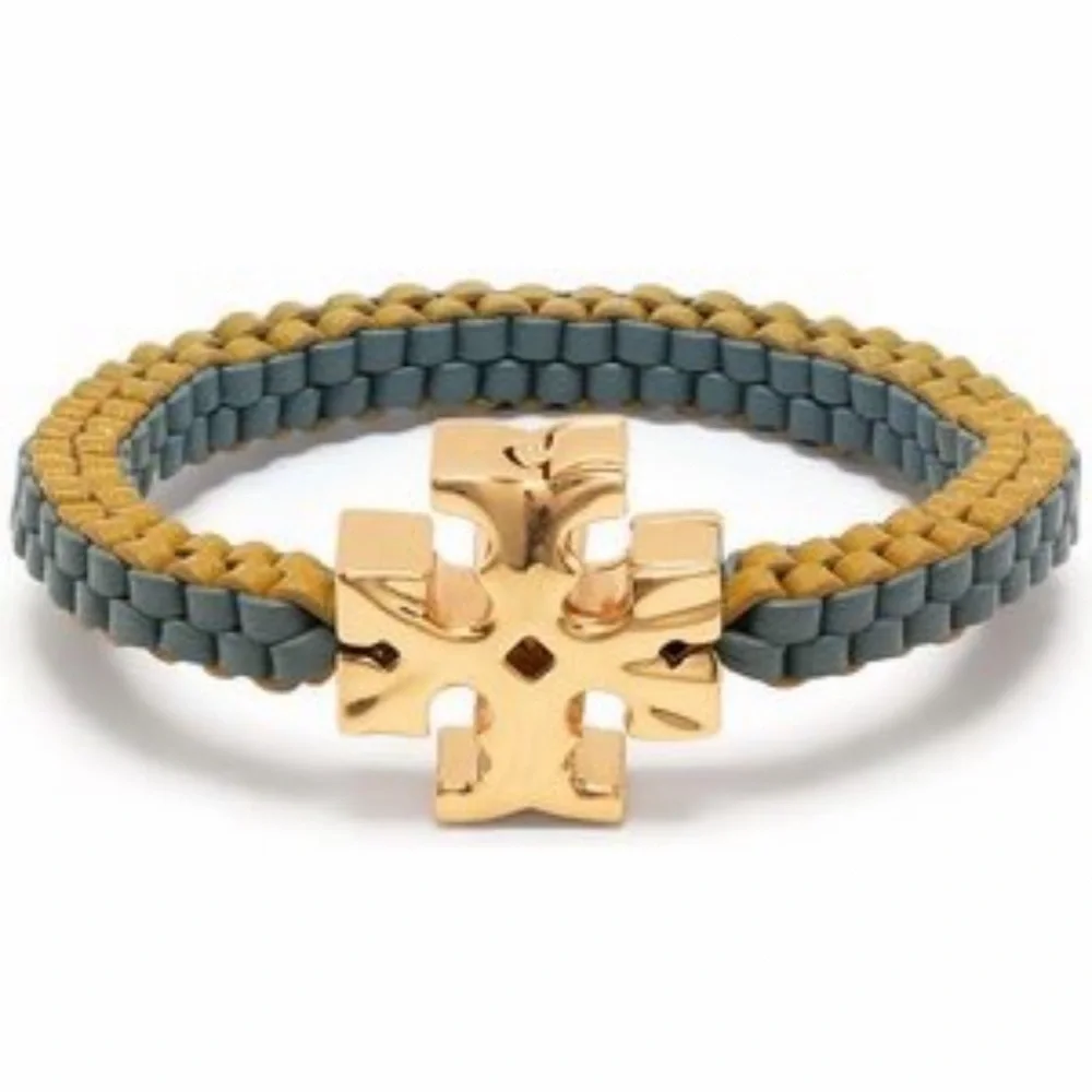NWT Tory Burch Authentic Roxanne Goldtone & Green Yellow Leather Woven Bracelet